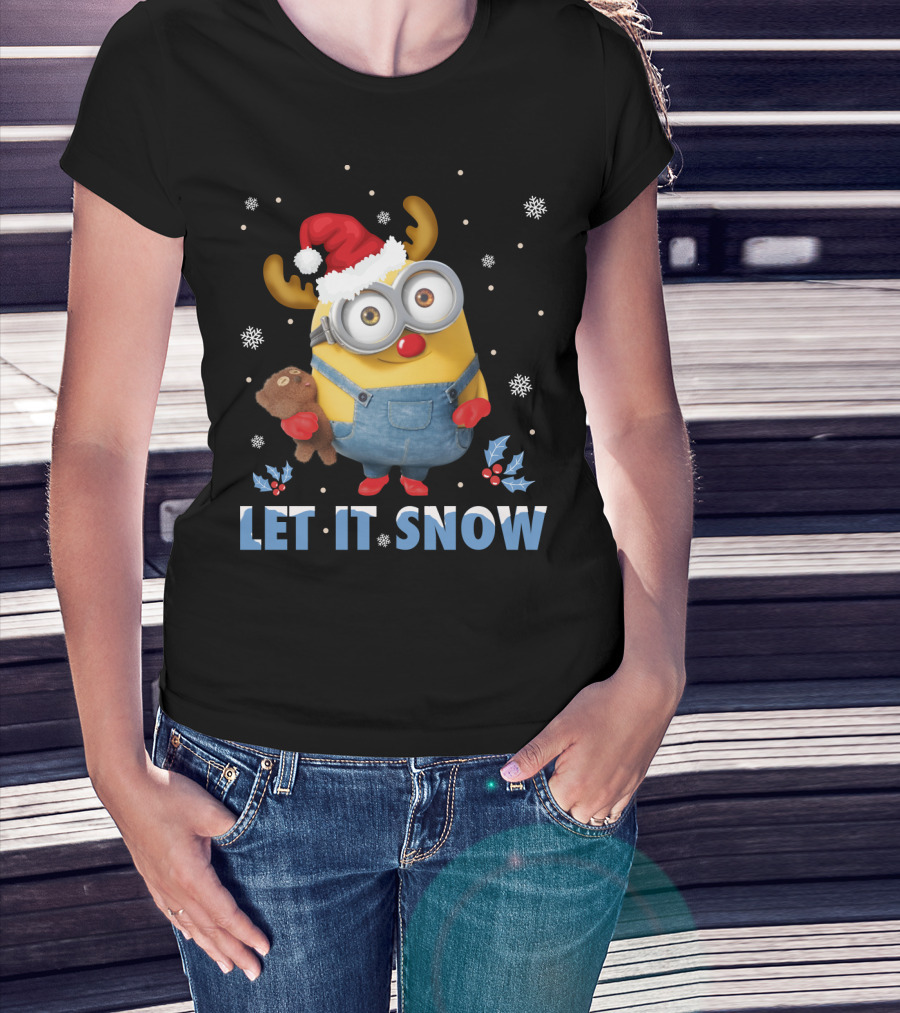 Let It Snow Xmas Minions Despicable Me Santa Hat Reindeer Antlers Toy T-Shirt