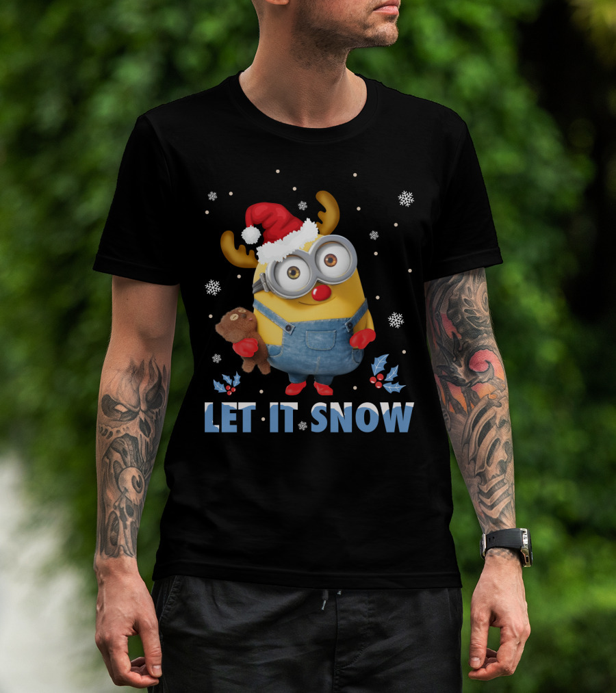 Let It Snow Xmas Minions Despicable Me Santa Hat Reindeer Antlers Toy T-Shirt