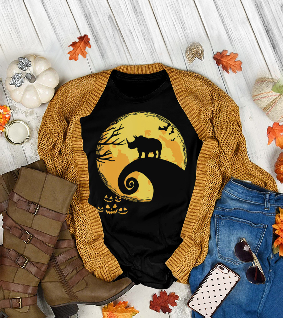 Funny Rhino and Moon Halloween Parody with Jack-O'-Lanterns and Bat T-Shirt