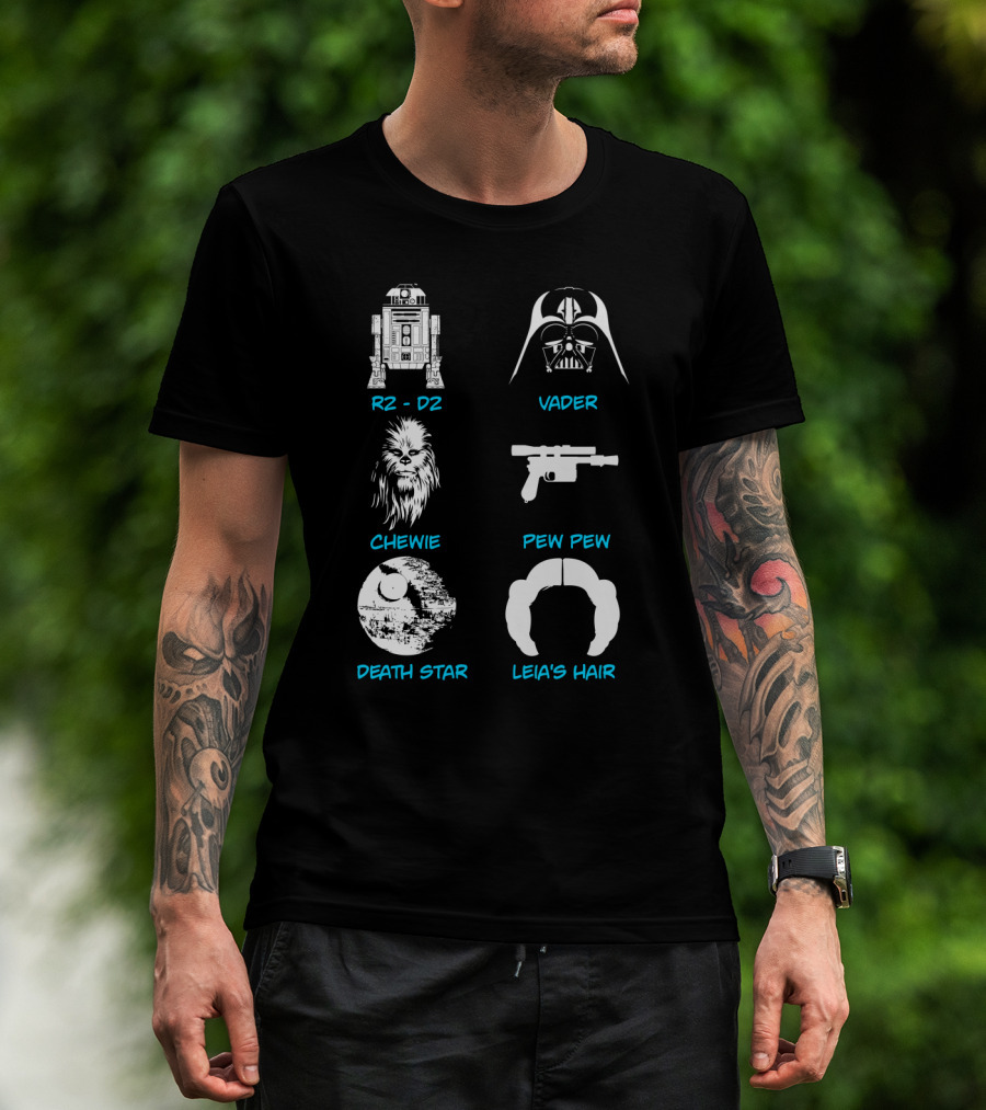 R2-D2 Darth Vader Chewie Pew Pew Death Star Leia's Hair T-Shirt