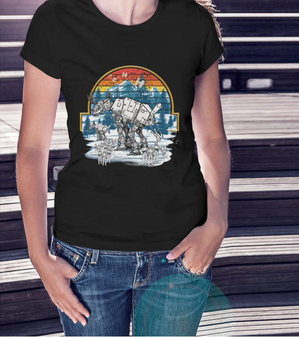 Retro Vintage AT AT Droids Star Wars Hoth Battle Sunset Scene T-Shirt