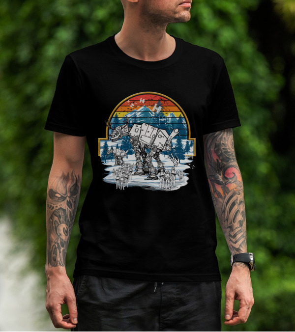 Retro Vintage AT AT Droids Star Wars Hoth Battle Sunset Scene T-Shirt