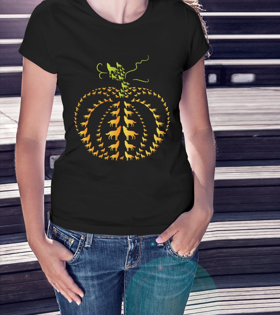 Pumpkin Wolf Howling Wolves Pattern Mens Womens For Wolf Lovers T-Shirt
