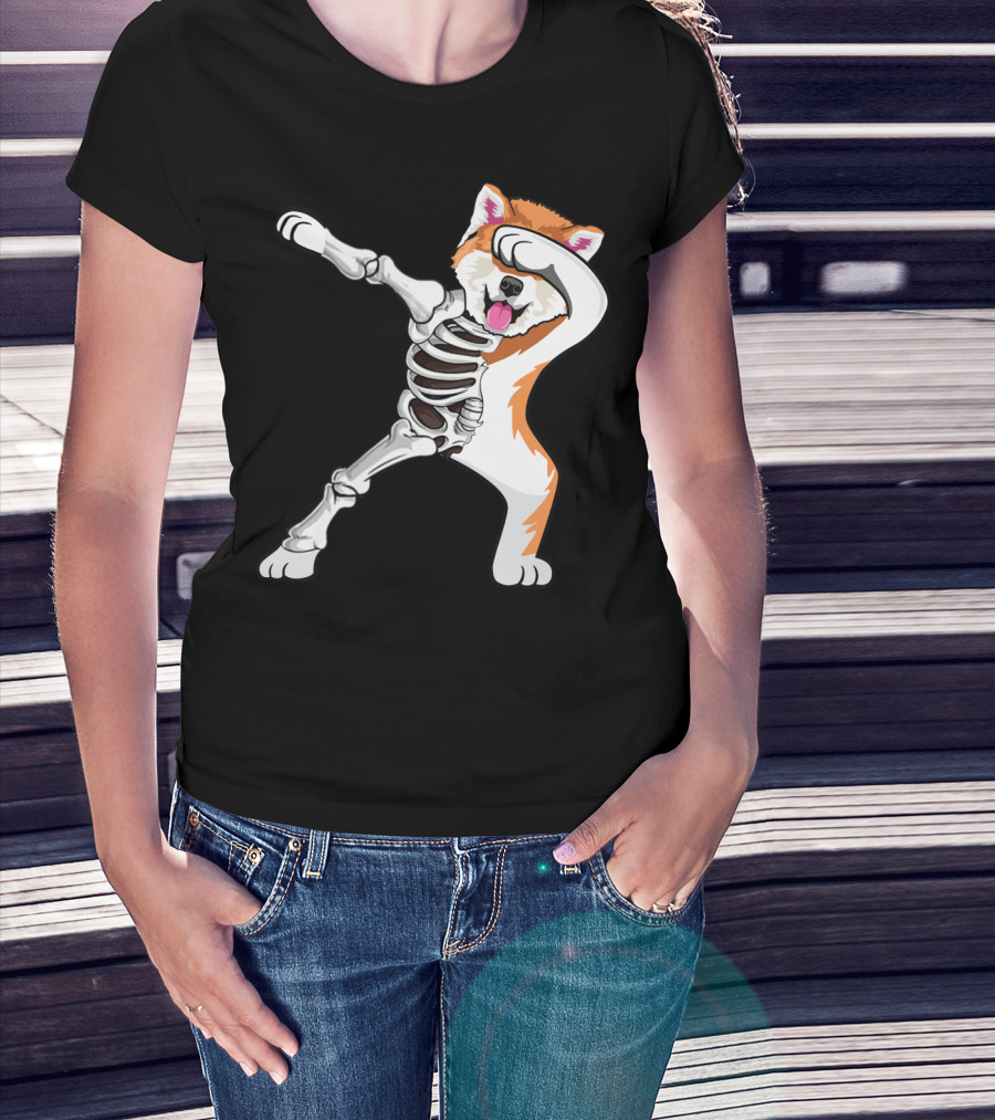 Akita Dog Skeleton Dabbing Halloween T-Shirt