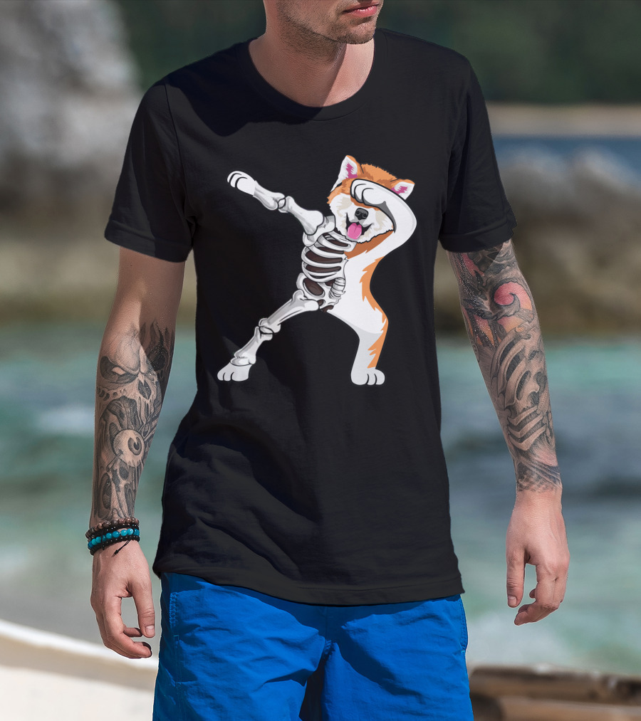 Akita Dog Skeleton Dabbing Halloween T-Shirt