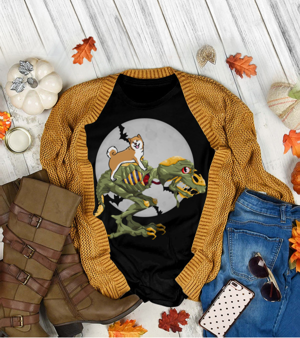 Akita Riding Dinosaur Skeleton Under Full Moon With Bats T-Shirt