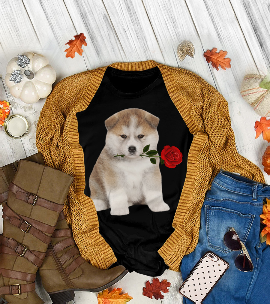 Akita Puppy Holding Red Rose T-Shirt