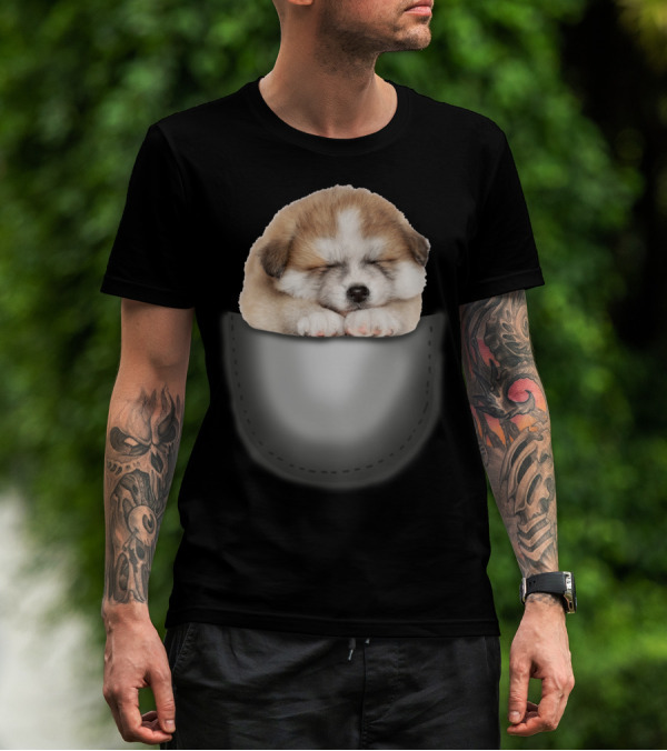 Sleeping Akita Puppy In Pocket T-Shirt