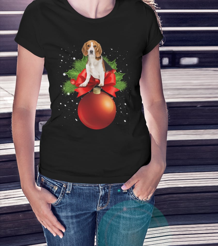 Beagle Red Christmas Ornament With Holly And Snowflakes T-Shirt