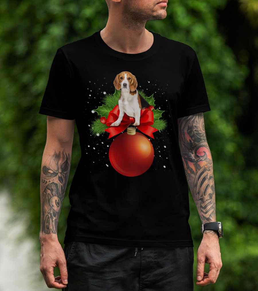 Beagle Red Christmas Ornament With Holly And Snowflakes T-Shirt