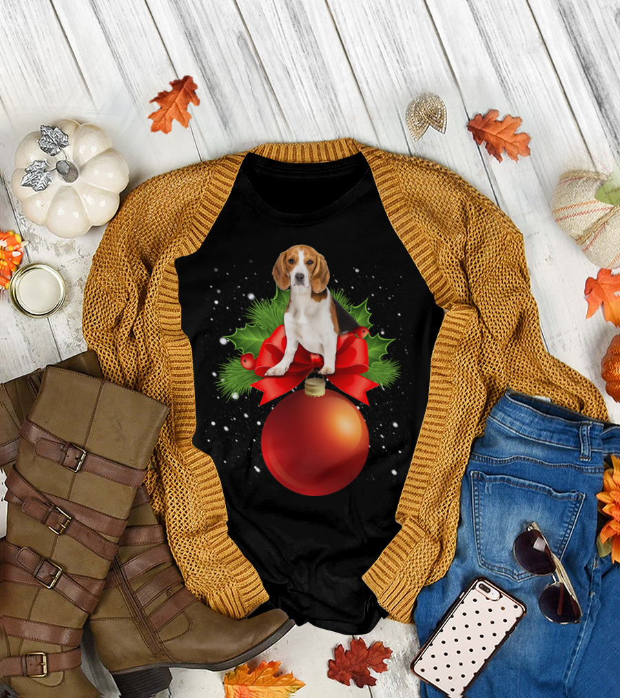 Beagle Red Christmas Ornament With Holly And Snowflakes T-Shirt