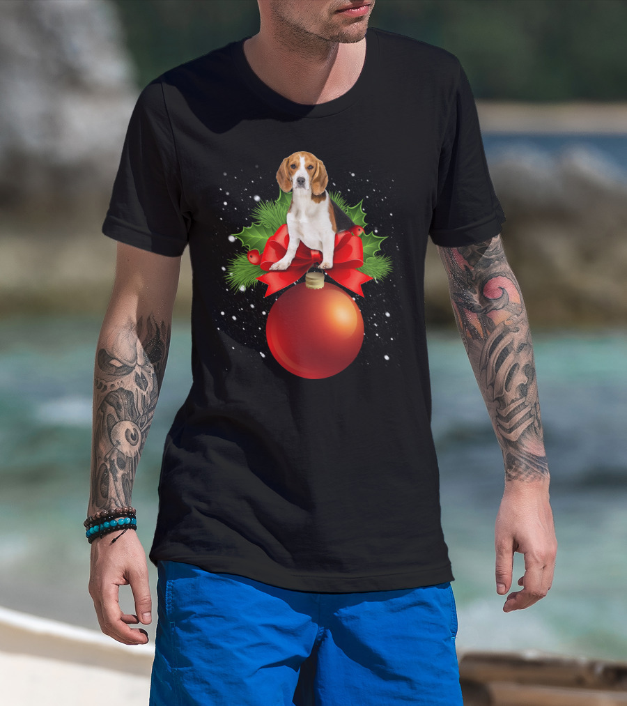 Beagle Red Christmas Ornament With Holly And Snowflakes T-Shirt