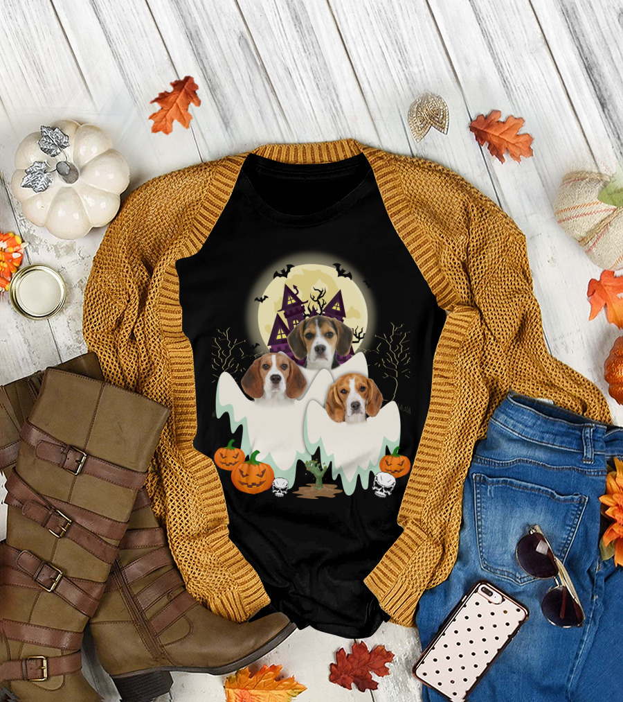 Beagle Halloween Ghosts Haunted House Pumpkins Bats Moon T-Shirt