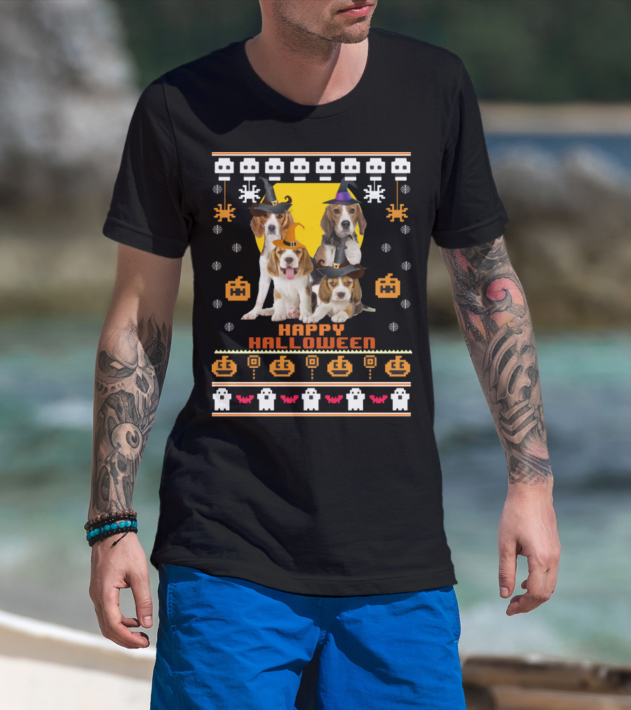 Beagle Happy Halloween Witch Hats And Pixelated Ghosts T-Shirt