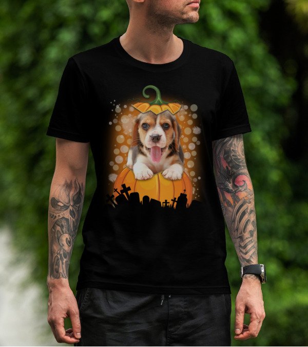 Beagle Puppy On Halloween Pumpkin Graveyard Scene T-Shirt