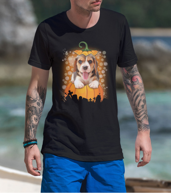Beagle Puppy On Halloween Pumpkin Graveyard Scene T-Shirt