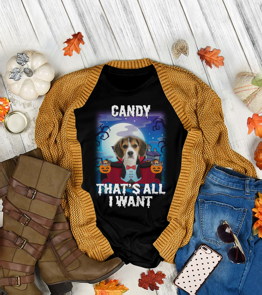Candy Beagle Halloween Moonlit Mansion With Pumpkins T-Shirt
