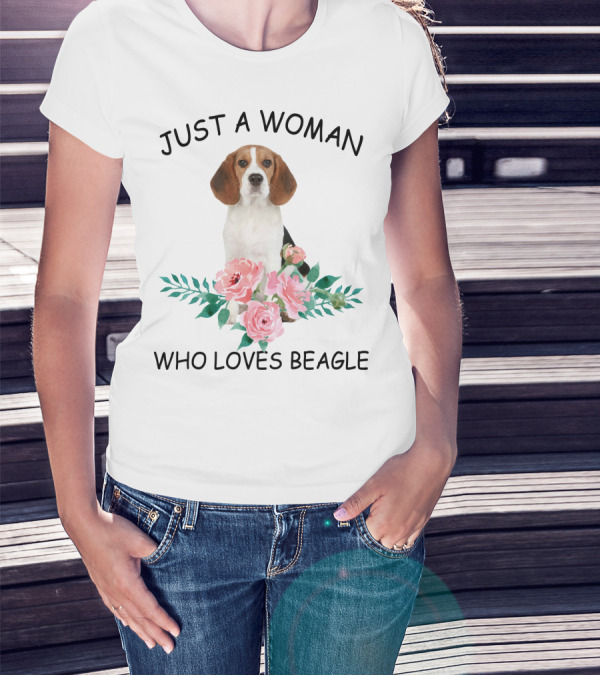 Just A Woman Who Loves Beagle With Pink Flowers T-Shirt