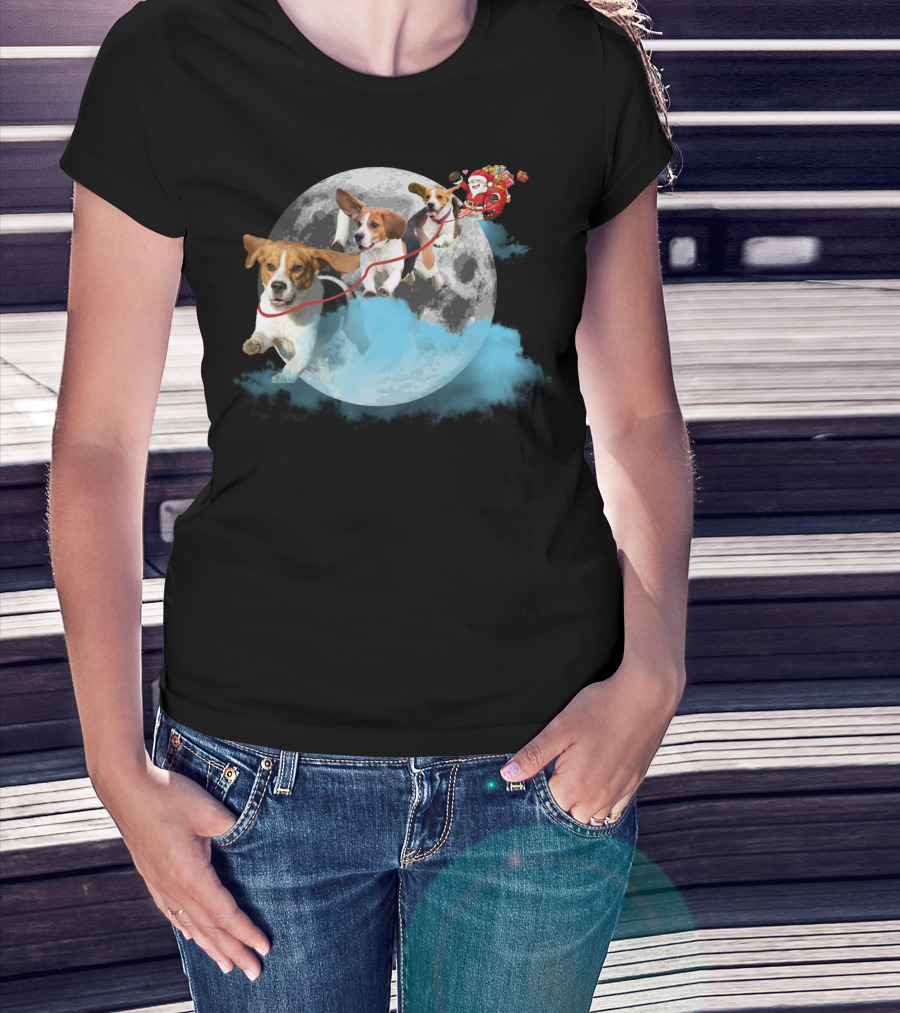 Santa And Beagles On The Moon Journey T-Shirt