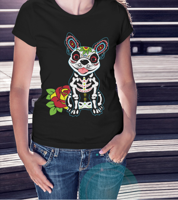 Boston Terrier Sugar Skull With Red Rose Day Of The Dead T-Shirt