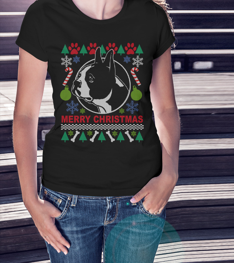 Merry Christmas Boston Terrier Candy Cane Snowflakes Trees T-Shirt