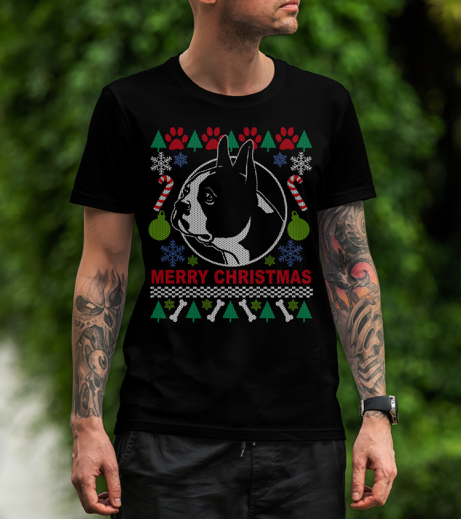 Merry Christmas Boston Terrier Candy Cane Snowflakes Trees T-Shirt