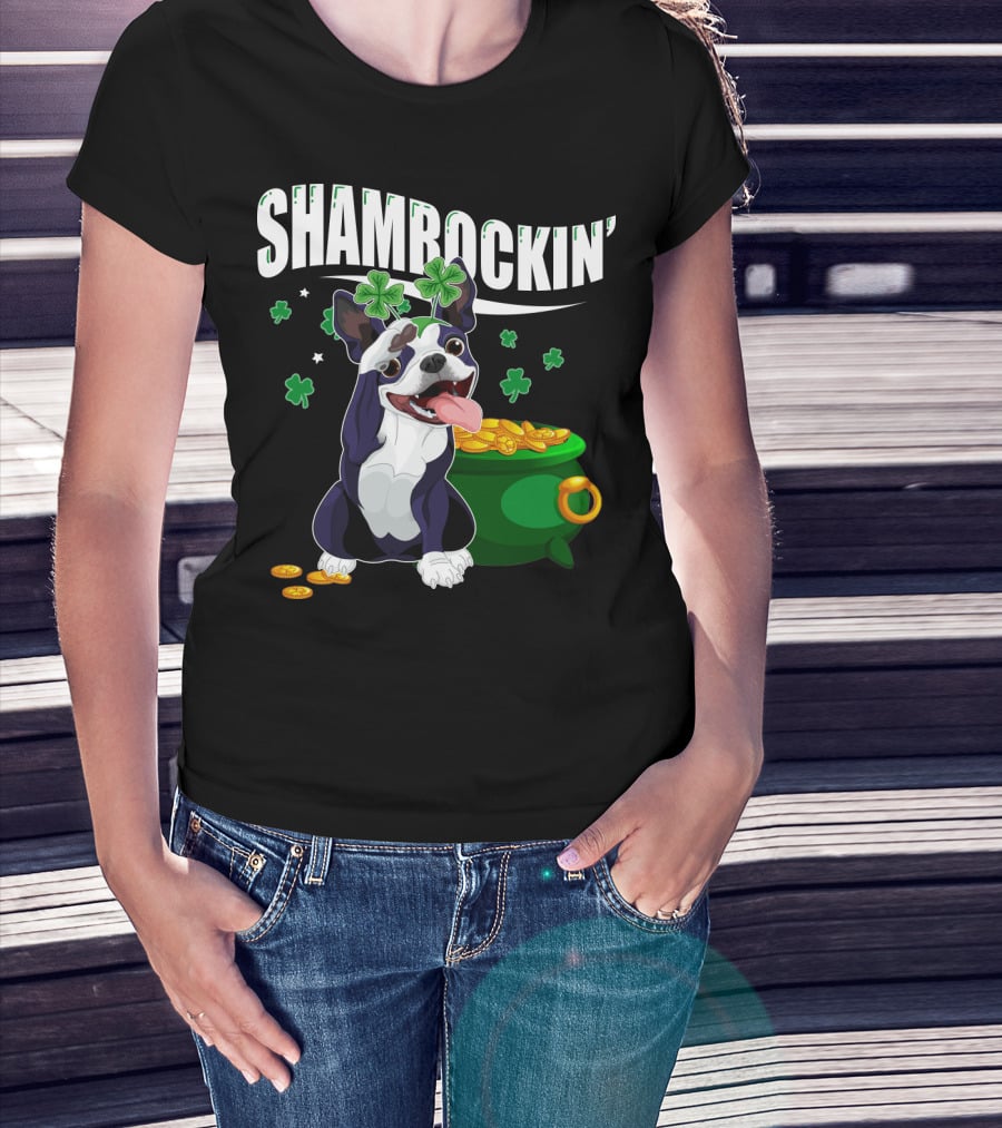 Shamrockin' Boston Terrier With Pot Of Gold And Clovers T-Shirt