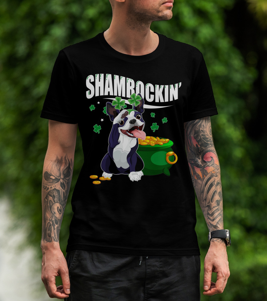 Shamrockin' Boston Terrier With Pot Of Gold And Clovers T-Shirt