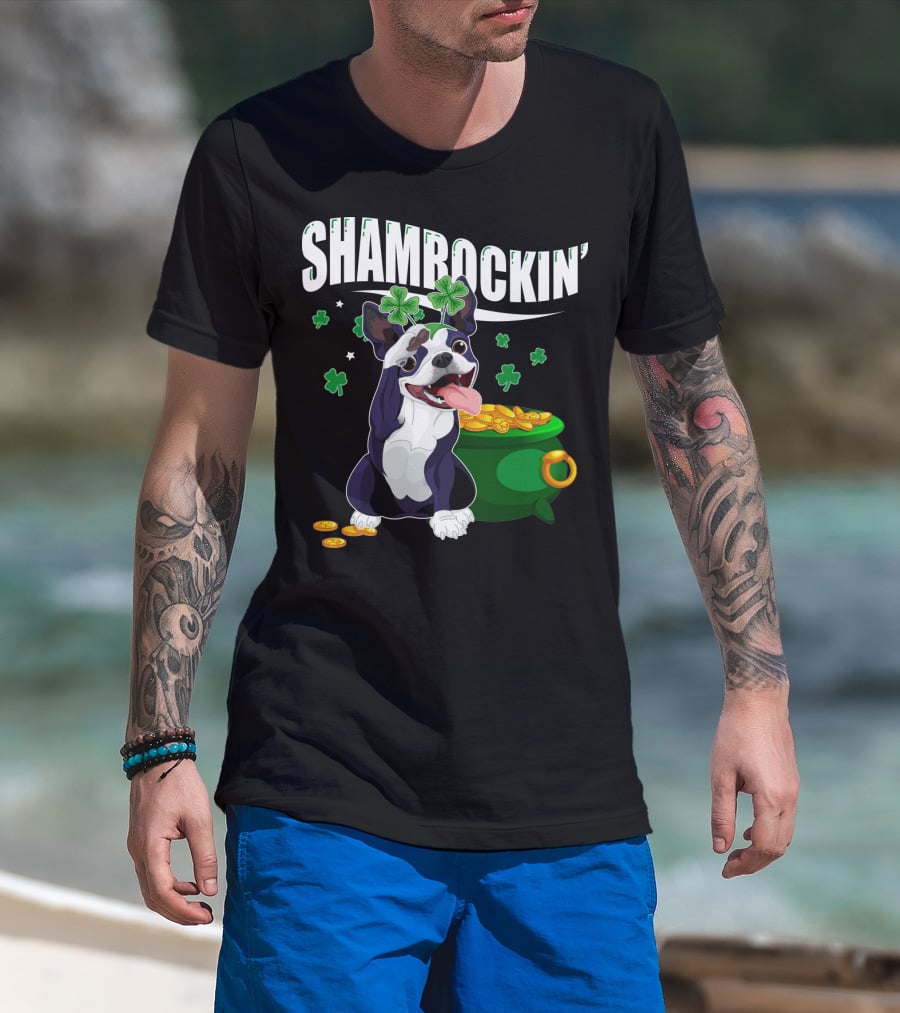 Shamrockin' Boston Terrier With Pot Of Gold And Clovers T-Shirt