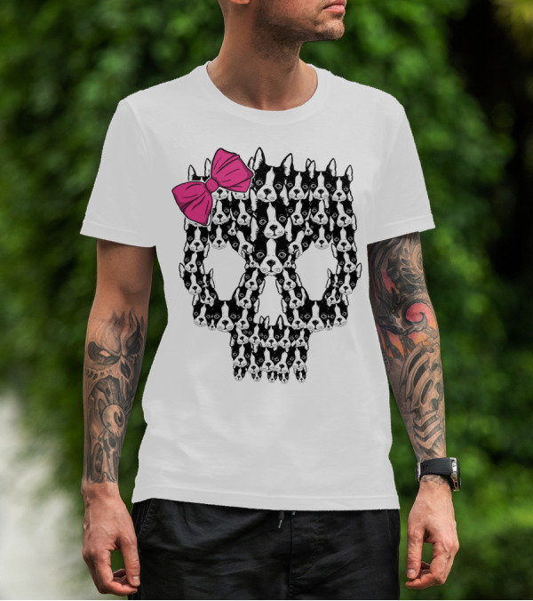 Boston Terrier Skull Pink Bow T-Shirt