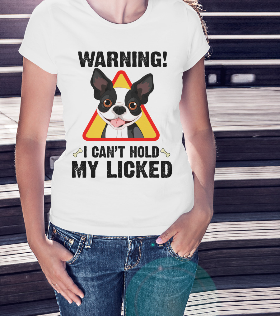 Warning I Can't Hold My Licked Cartoon Dog With Triangle And Bones T-Shirt