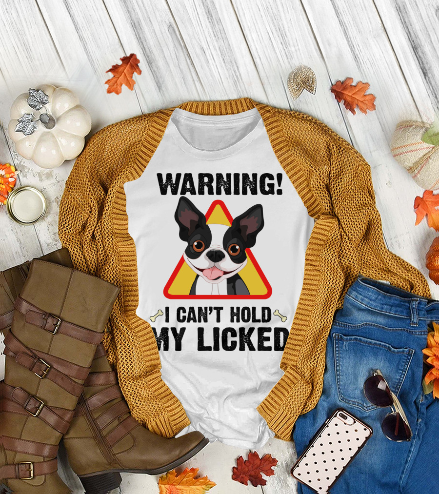 Warning I Can't Hold My Licked Cartoon Dog with Triangle and Bones T-Shirt