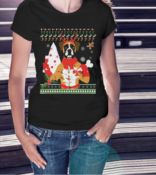 Boxer Dog Christmas Ugly Sweater Style With Reindeer Antlers And Festive Decorations T-Shirt
