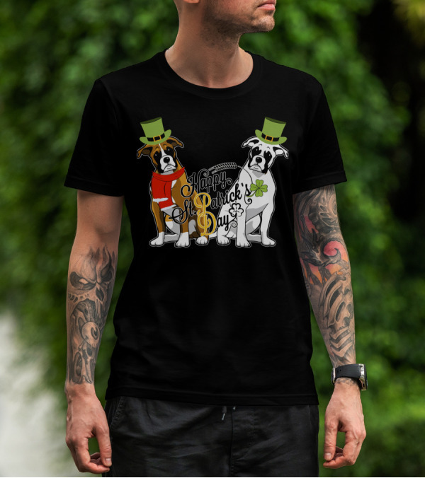 Happy St Patrick's Day Boxer Dogs With Shamrocks And Hats T-Shirt