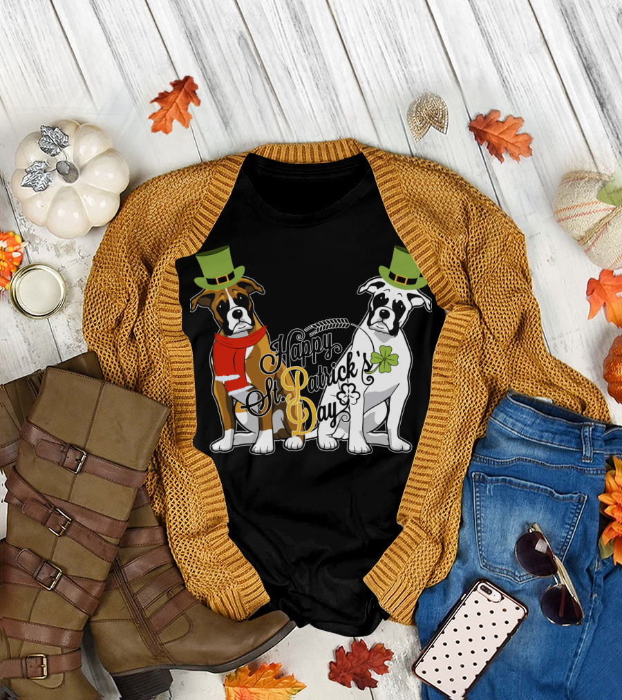 Happy St Patrick's Day Boxer Dogs with Shamrocks and Hats T-Shirt