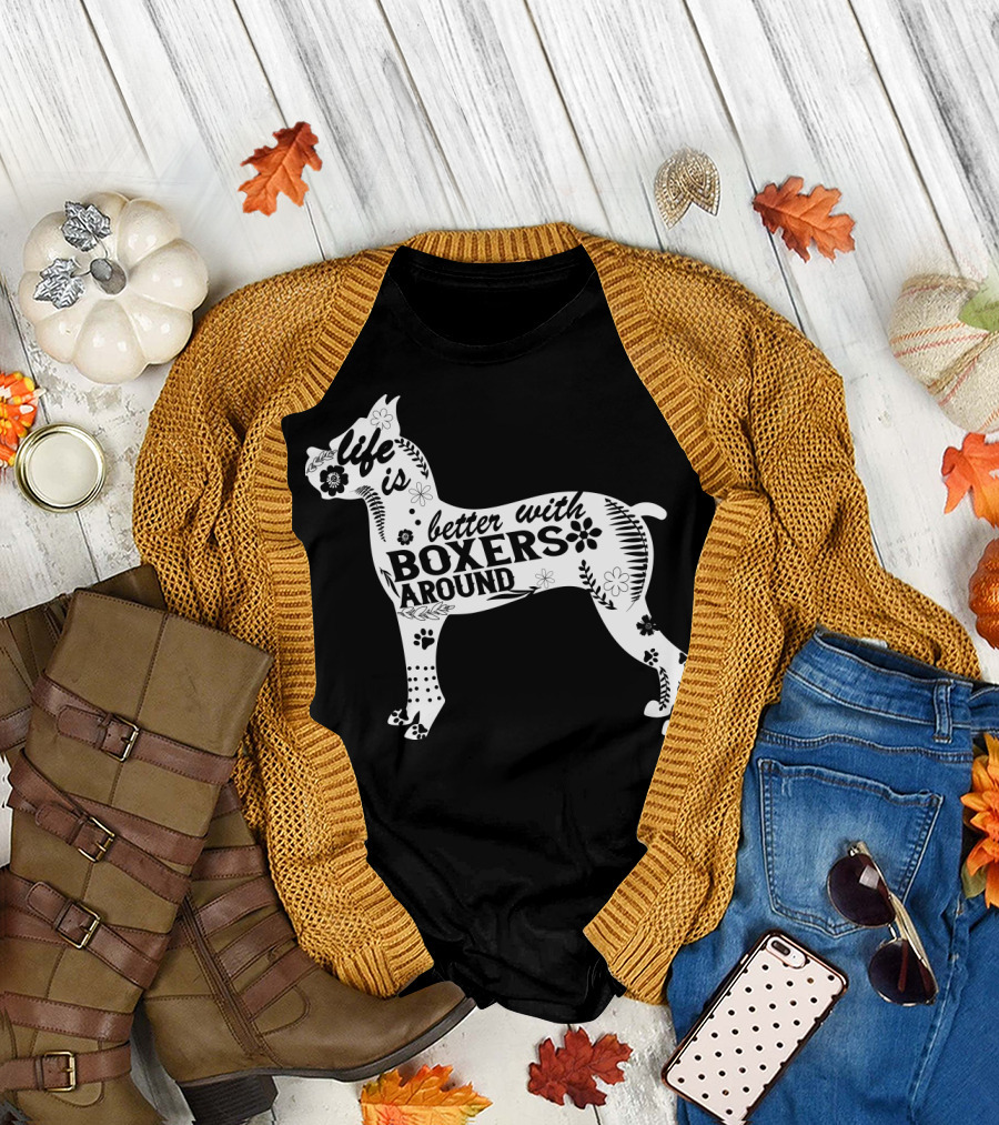 Life Is Better With Boxers Around Floral Dog Pawprint T-Shirt