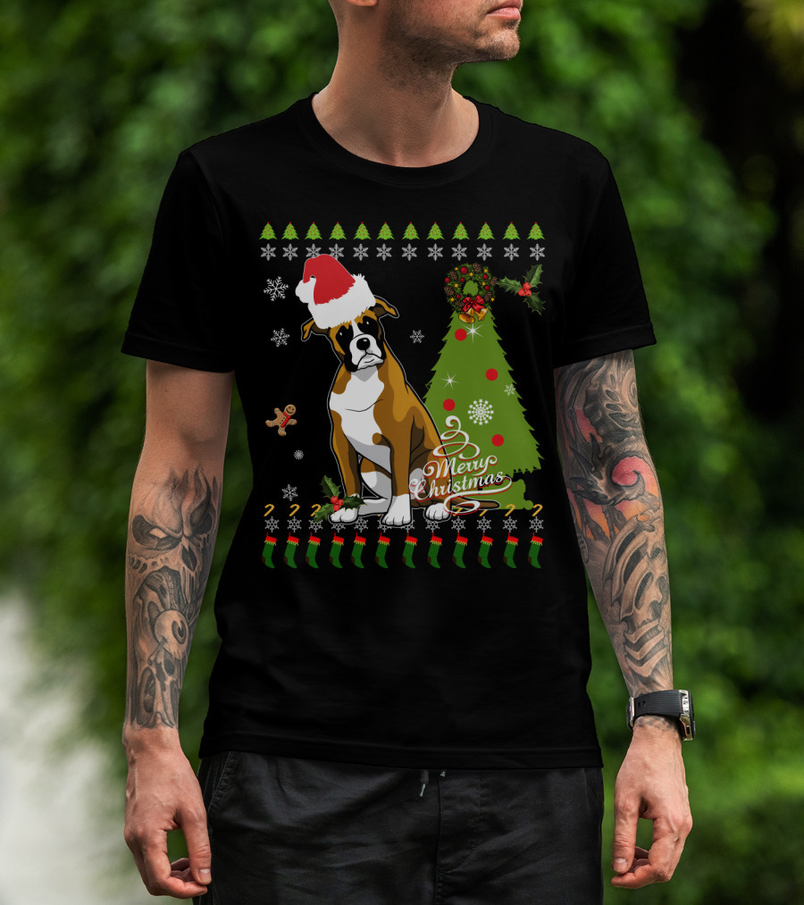 Merry Christmas Boxer Santa Hat Gingerbread Man Christmas Tree Snowflakes T-Shirt