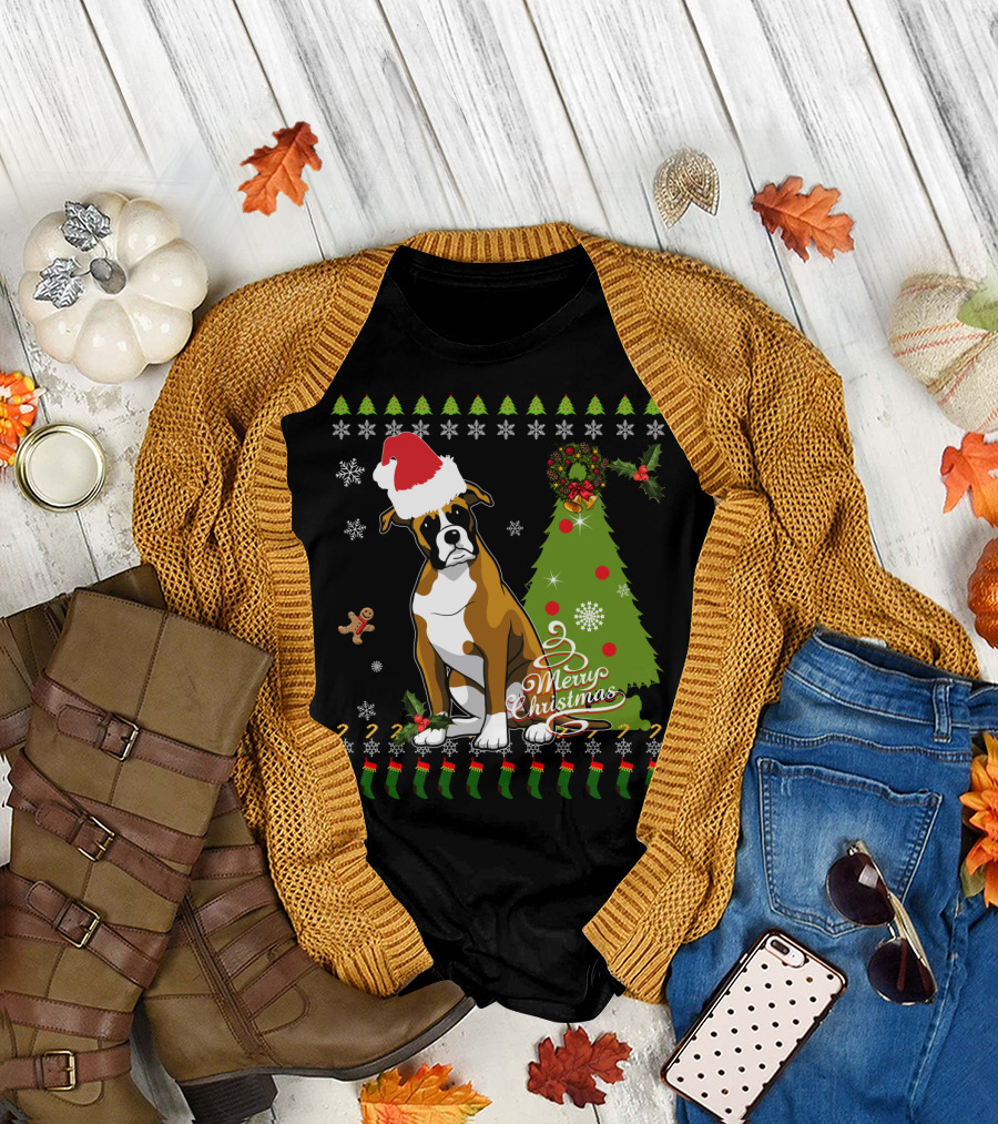 Merry Christmas Boxer Santa Hat Gingerbread Man Christmas Tree Snowflakes T-Shirt