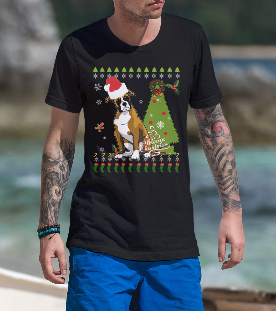 Merry Christmas Boxer Santa Hat Gingerbread Man Christmas Tree Snowflakes T-Shirt