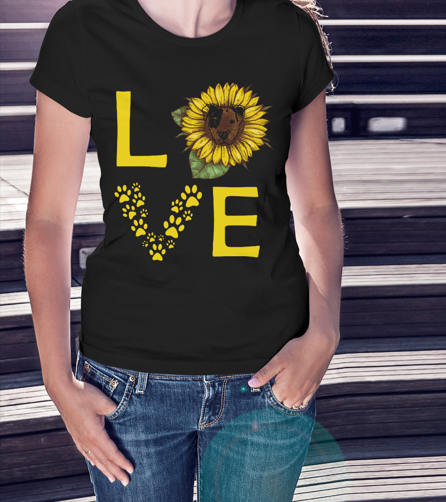 Love Bullterrier Sunflower Paw Prints T-Shirt