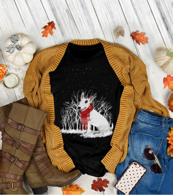 Winter Bullterrier Red Scarf Snowy Forest T-Shirt