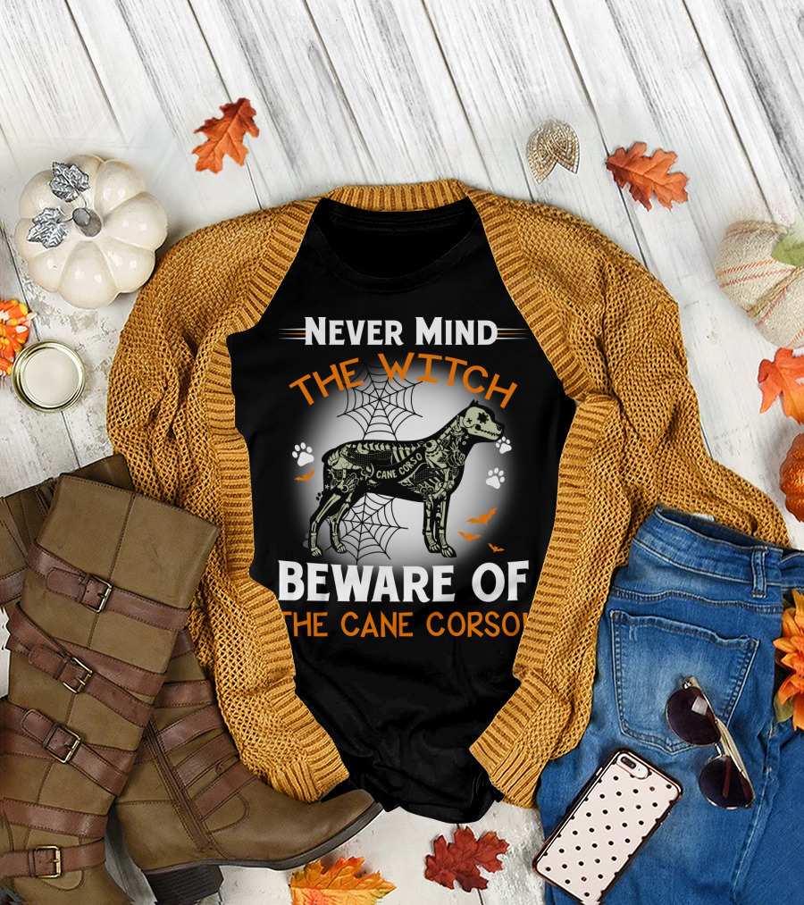 Never Mind The Witch Beware Of The Cane Corso Halloween Dog Spiderwebs Bats Paw Prints T-Shirt