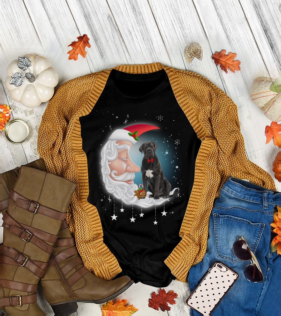 Santa Crescent Moon Cane Corso with Stars and Snowflakes T-Shirt