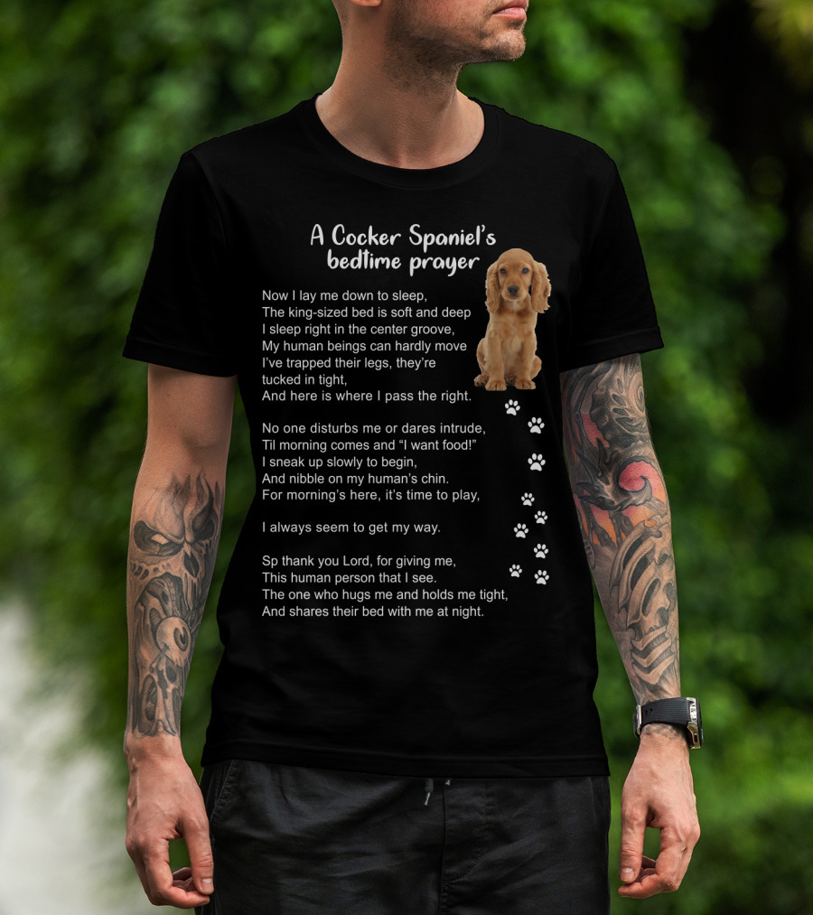 A Cocker Spaniel's Bedtime Prayer With Sleeping Dog And Paw Prints In Soft Light Brown T-Shirt