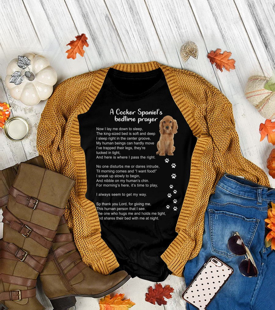 A Cocker Spaniel's Bedtime Prayer with Sleeping Dog and Paw Prints in Soft Light Brown T-Shirt