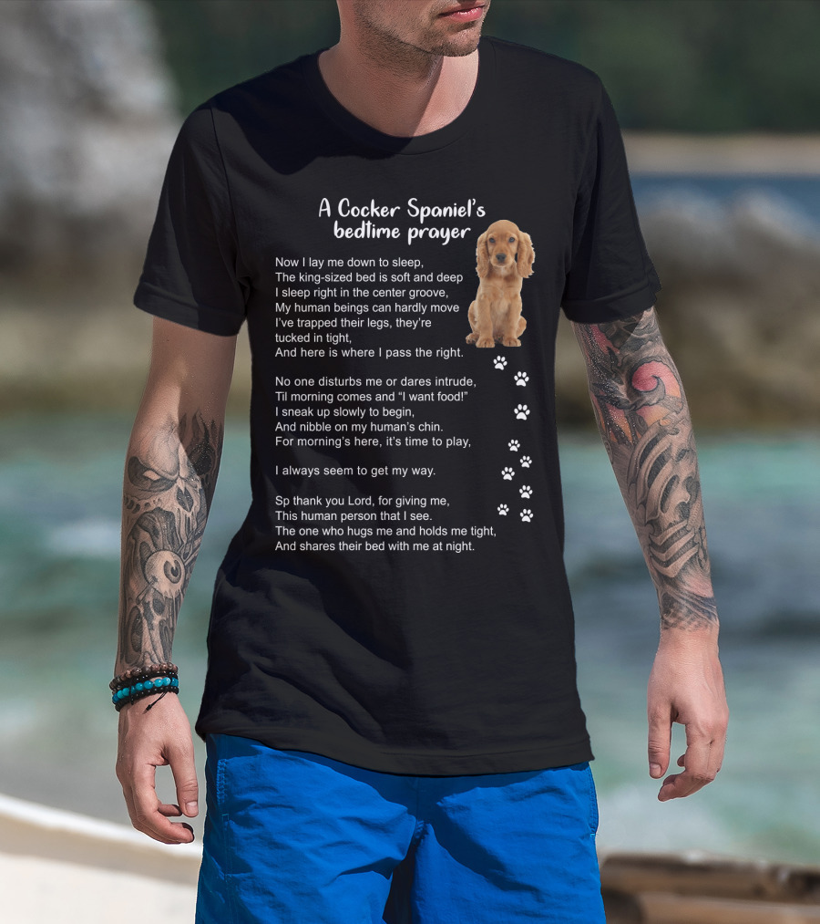 A Cocker Spaniel's Bedtime Prayer With Sleeping Dog And Paw Prints In Soft Light Brown T-Shirt