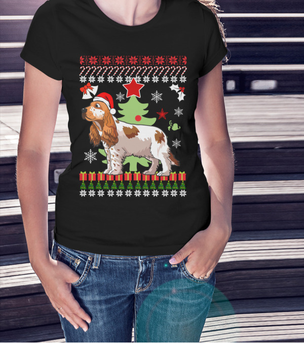 Christmas Cocker Spaniel Santa Hat Snowflakes Christmas Tree T-Shirt