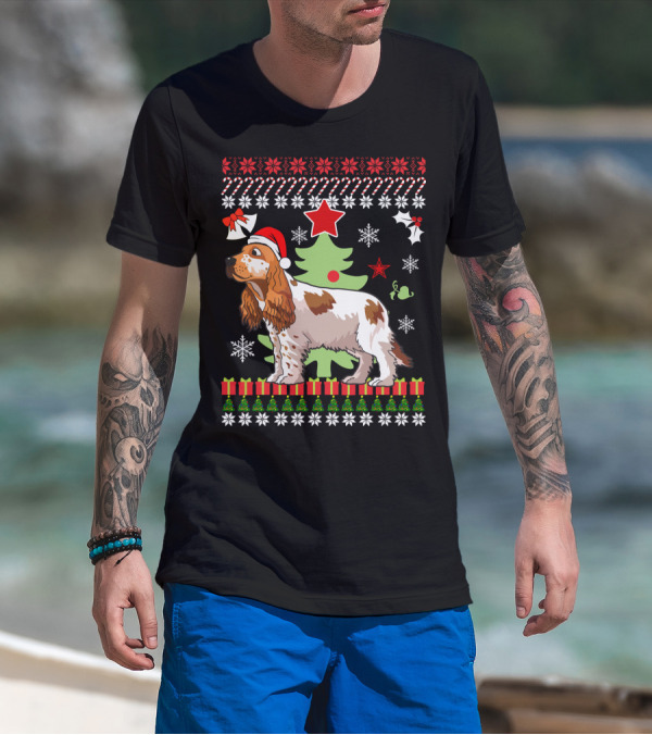 Christmas Cocker Spaniel Santa Hat Snowflakes Christmas Tree T-Shirt