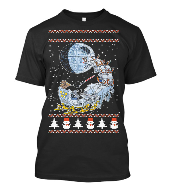 Death Star Christmas Night With Vader Sleigh And AT-AT Reindeer T-Shirt