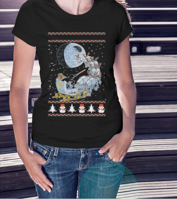 Death Star Christmas Night With Vader Sleigh And AT-AT Reindeer T-Shirt